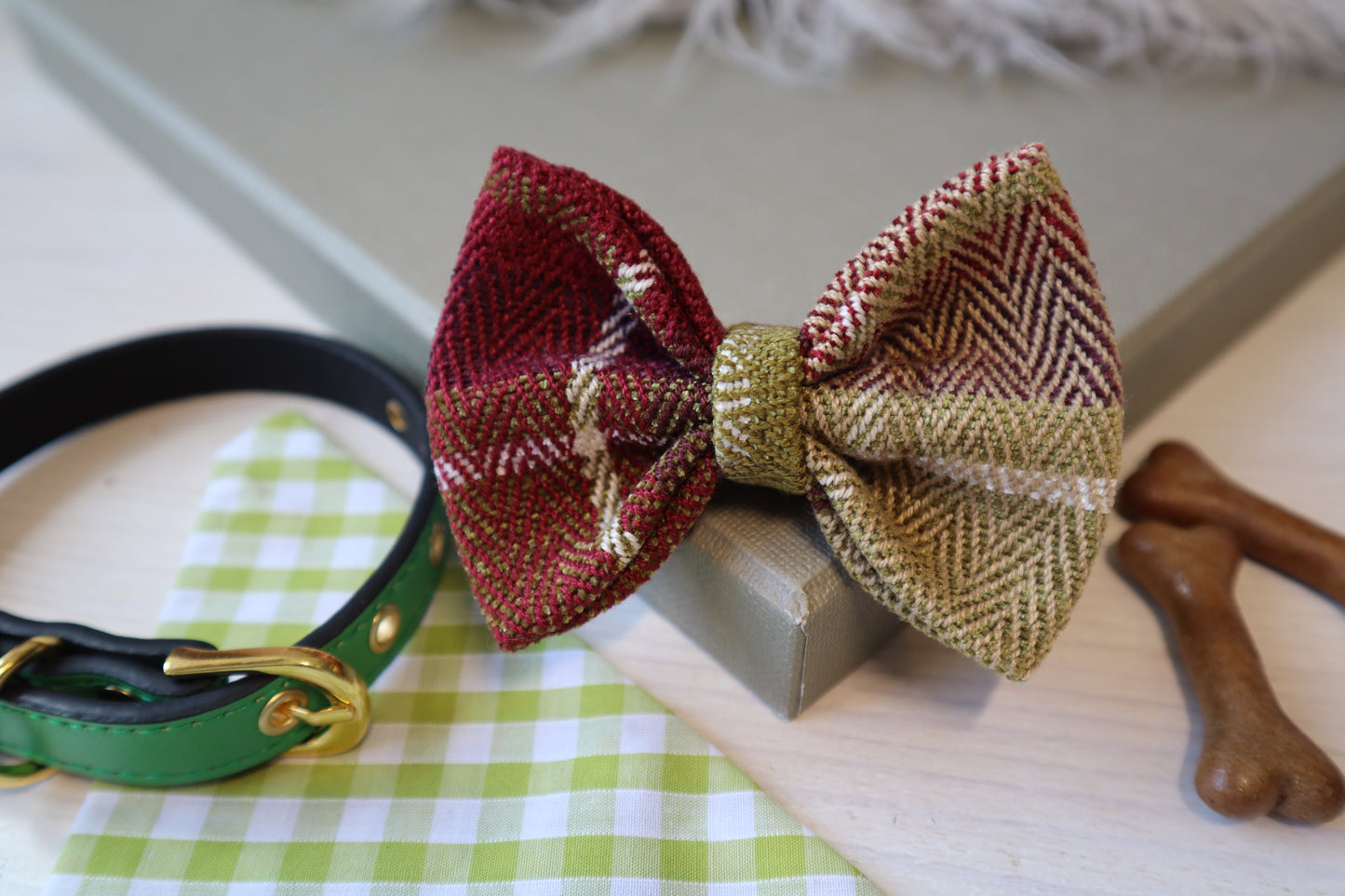 Green and Burgundy Check Wool Dog Bow Tie