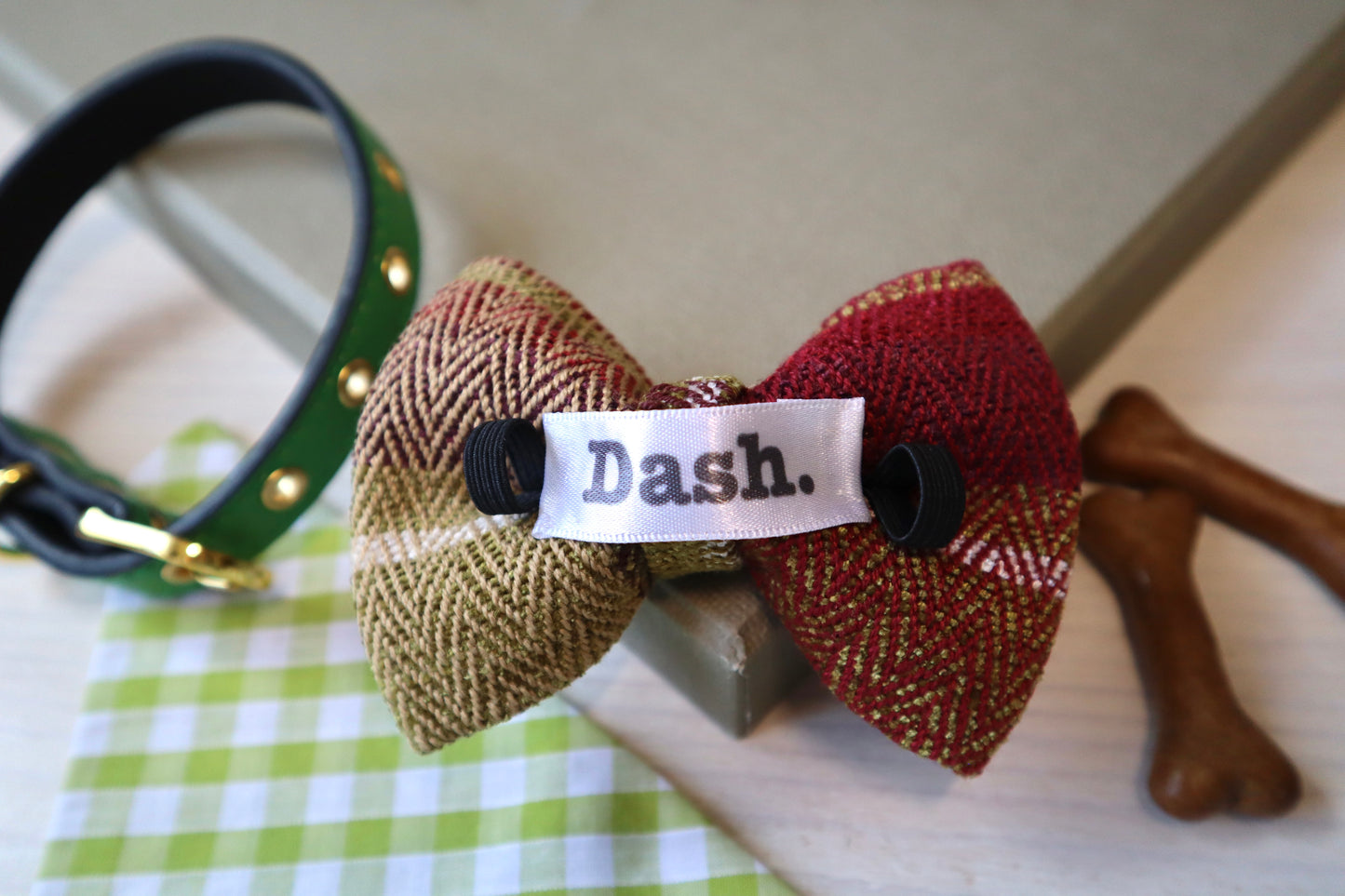 Green and Burgundy Check Wool Dog Bow Tie